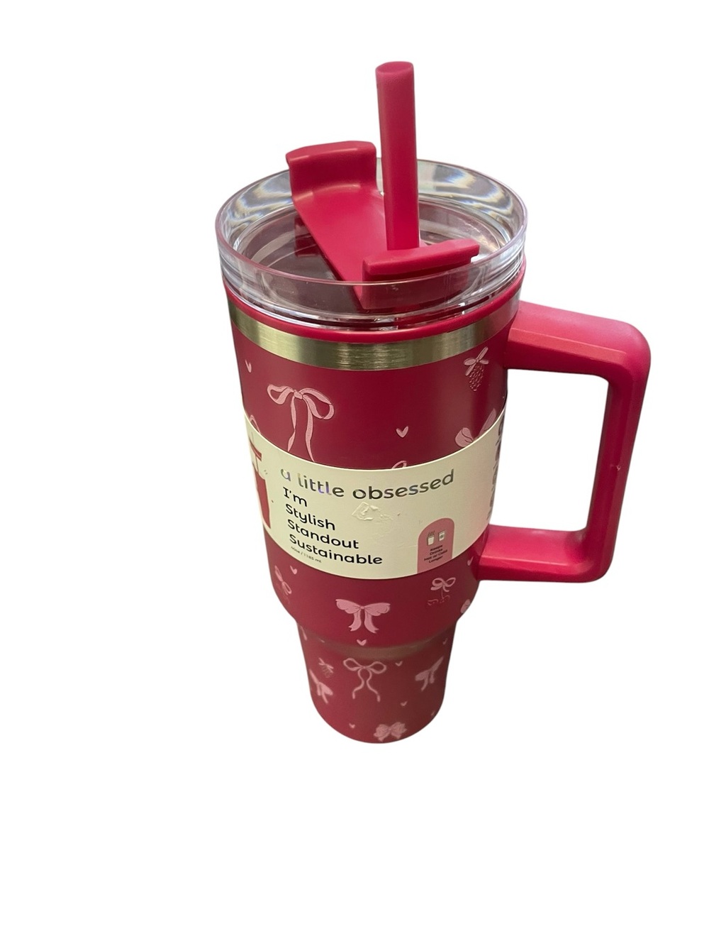 Hot Pink Travel Tumbler with Handle, Lid and Straw